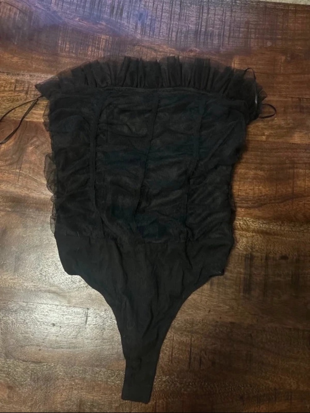 Blue Blush Black Sheer Lace Ruffled Bodysuit